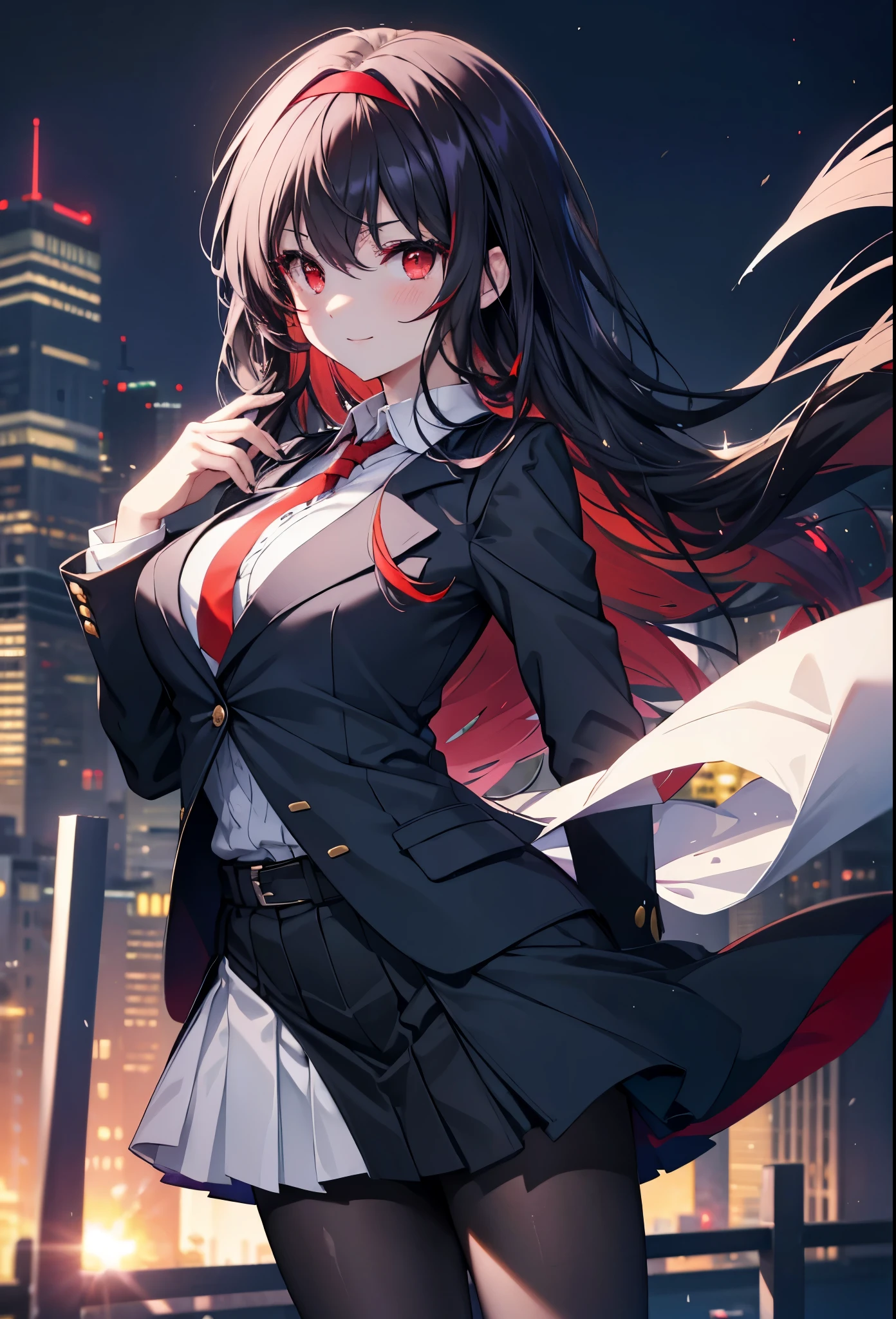 Commercial Purpose, utaha kasumigaoka, black hair, white hair band, long hair, (red eyes:1.5),blush,happy smile, smile, open your mouth,OL, red glasses, end, black suit jacket, collared jacket, white dress shirt, collared shirt, neckline, button, strap, ID card on the neck, black pencil skirt, black pantyhose,stiletto heels,morning,morning陽,the sun is rising,
break looking at viewer,whole body,(cowboy shot:1. 5)
break outdoors, building street,city,
break (masterpiece:1.2), highest quality, High resolution, unity 8k wallpaper, (shape:0.8), (fine and beautiful eyes:1.6), highly detailed face, perfect lighting, Very detailed CG, (perfect hands, perfect anatomy),