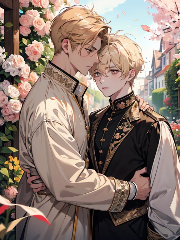absurdres, highres, ultra detailed, HDR, masterpiece, Quincy, blond messy short hair, hair between the eyes, expressive orange eyes, Nu Carnival, Eiden, brown short hair, expressive brown eyes, designed with decorations such as pink leaves, blossoms and birds, 2men together, gay couple, handsome, garden, petals, black and white fantasy clothes