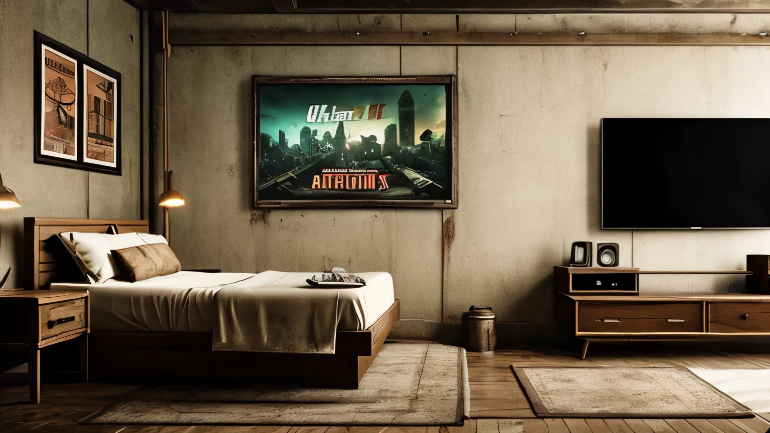 fallout, indonesia theme, post-apocalyptic, jakarta, nation, identic, vernacular, authentic, realistic, indonesia, fallout 4 style, fallout amazon prime tv series, authentic, dystopian, city urban, interior, old, vintage, radio, bedroom, studio with vintage poster