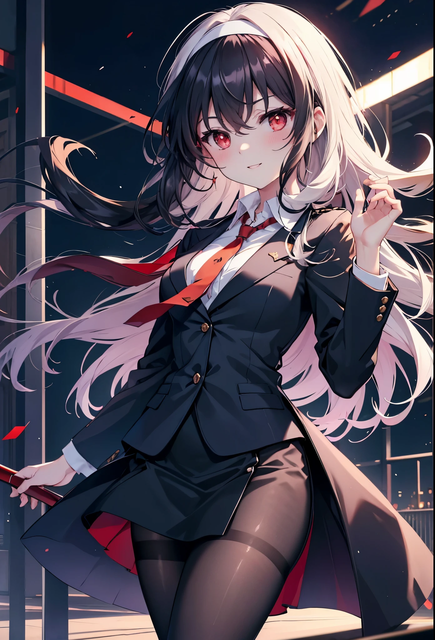 Commercial Purpose, utaha kasumigaoka, black hair, white hair band, long hair, (red eyes:1.5),blush,happy smile, smile, open your mouth,OL, red glasses, end, black suit jacket, collared jacket, white dress shirt, collared shirt, neckline, button, strap, ID card on the neck, black pencil skirt, black pantyhose,stiletto heels,morning,morning陽,the sun is rising,
break looking at viewer,whole body,(cowboy shot:1. 5)
break outdoors, building street,city,
break (masterpiece:1.2), highest quality, High resolution, unity 8k wallpaper, (shape:0.8), (fine and beautiful eyes:1.6), highly detailed face, perfect lighting, Very detailed CG, (perfect hands, perfect anatomy),