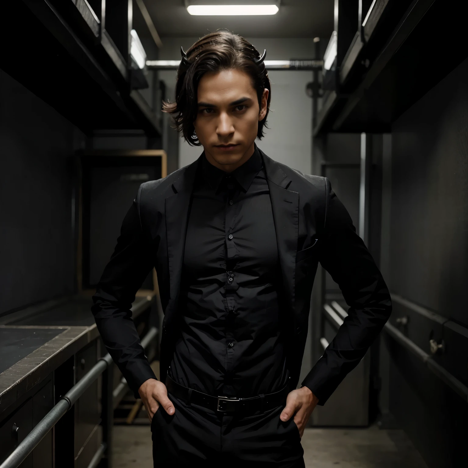 Young male incubus is a black suit looking intimating and strong with black horns