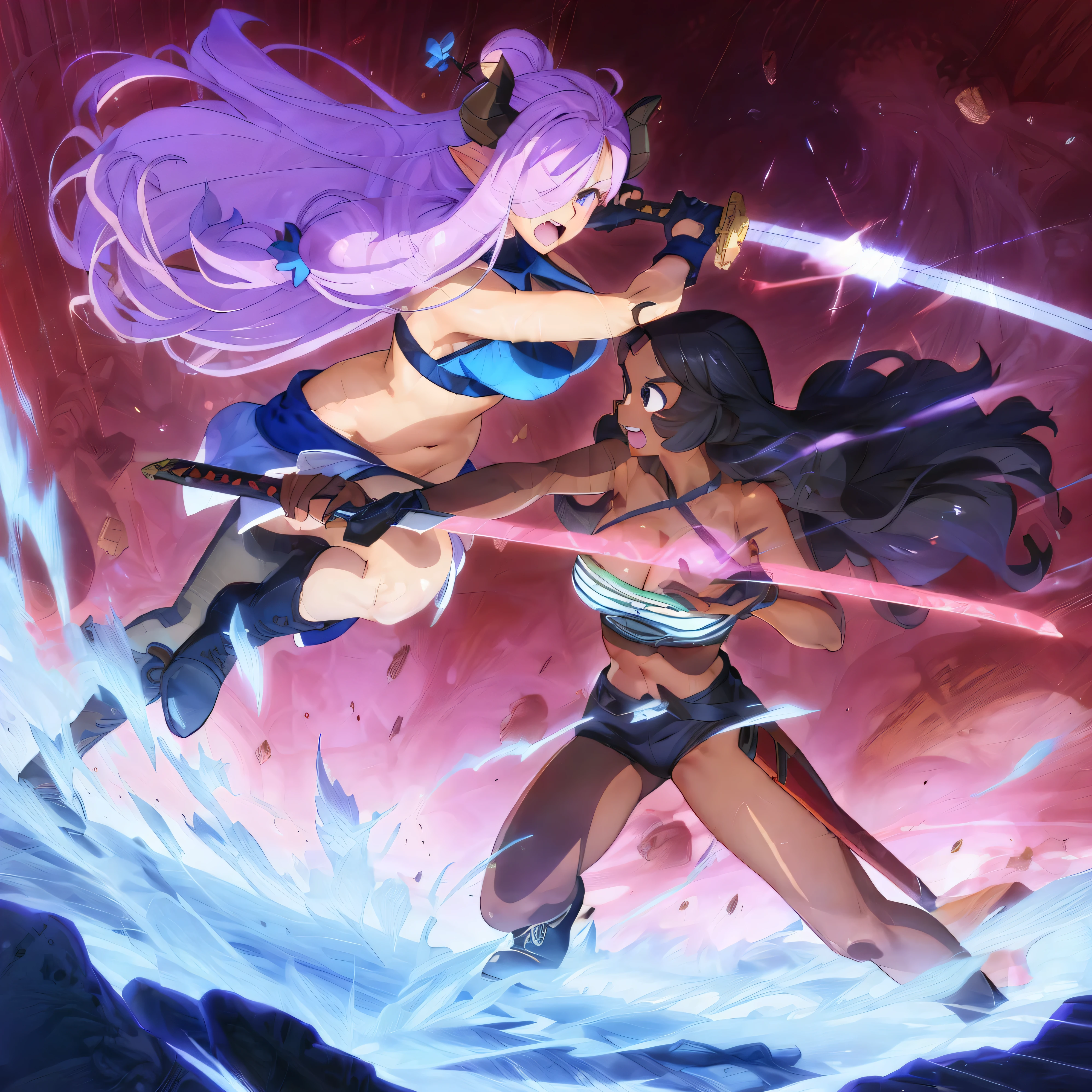 2girls, connie maheswaran ( steven universe),narmaya ( granblue fantasy), (connie maheswaran, age 25,blue and white striped halter top, black microshorts, large pink sword), (narmaya, original outfit, katana, Uhd, hdr, 8k, masterpiece, sexy swordswomen, face-to-face ,(character focused, impact frame), clashing effects, cleavage cutout, perfect bodies, perfect hands, perfect faces, perfect eyes, incredibly sharp absurdres, incredibly sharp gradients, deep highlights,incredibly aesthetic, extremly detailed sword fight, sparring in a moonlit field, competitve smirks, sword fighting, sword to sword, close up, full-body, fast-paced, cel-shaded, key visual, battle art, splash-art, amazing quality, motion lines, motion details, , cool tones, rich atmospheric shading, intense lighting effects, action choreography, dynamic angle, dynamic perspective, dynamic Line of action, dynamic scenery, atmospheric lighting, exciting, fun, Raw sensuality, hyper-femininity