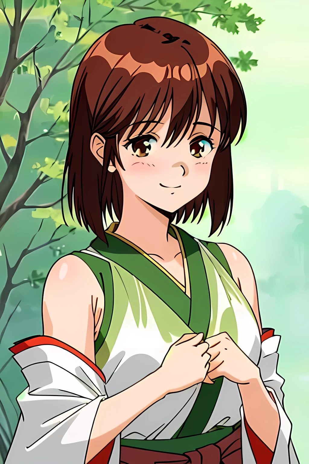 Laura Metrose, 1 girl, alone, chest, smile, brown hair, blush, cleavage, brown eyes, short hair, hair between eyes, Japanese clothing, Japanese Robe, bare shoulders, removed sleeve, green dress, hair ribbon, ribbon, bangs, Upper body, closed mouth, meme, green ribbon, grin, ((boy style)), (detailed background, complex background:1.1), beautiful ((very detailed)), ((highest quality)), ((masterpiece)), ((4k))