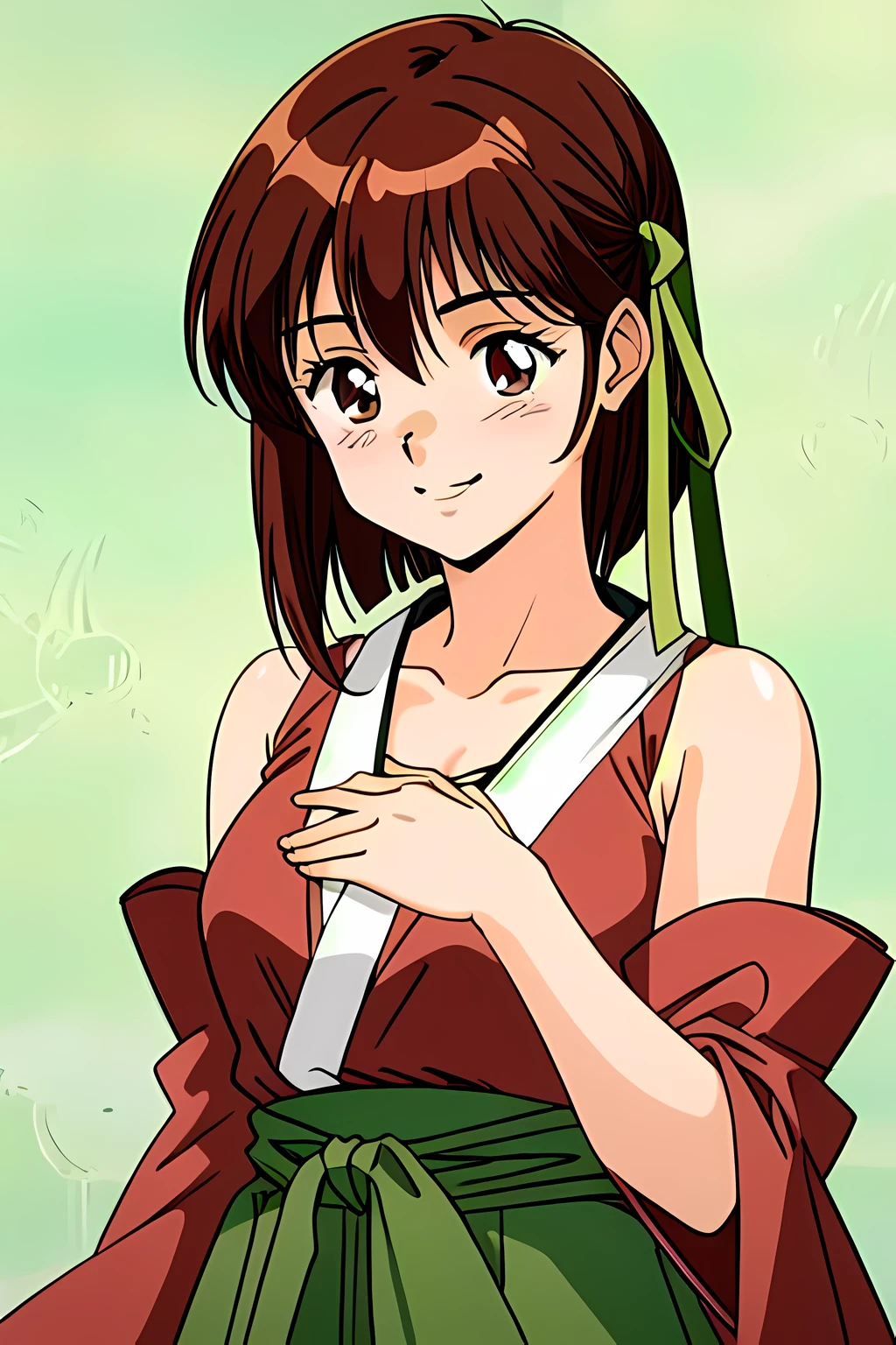 Laura Metrose, 1 girl, alone, chest, smile, brown hair, blush, cleavage, brown eyes, short hair, hair between eyes, Japanese clothing, Japanese Robe, bare shoulders, removed sleeve, green dress, hair ribbon, ribbon, bangs, Upper body, closed mouth, meme, green ribbon, grin, ((boy style)), (detailed background, complex background:1.1), beautiful ((very detailed)), ((highest quality)), ((masterpiece)), ((4k))