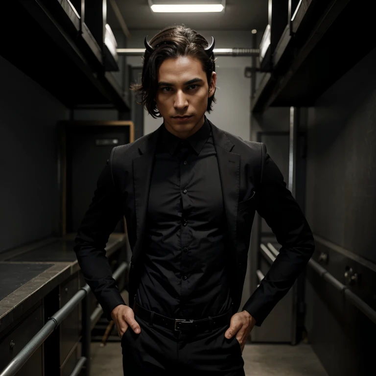 Young male incubus is a black suit looking intimating and strong with large black horns