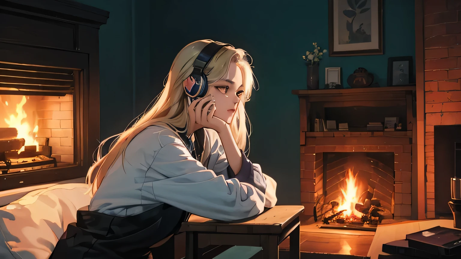 Pretty Woman, perfect face, Girl listening to music in cozy room at night, Please use headphones, animation style high definition, Fireplace,. lo-fi, HD, Dark surroundings, retro style fashion, retro, warm, Far away, far away, Distant distances, look to the side, profile, whole body, lo-fi, 90s, retro fashion, 80s fashion, 2D animation style, fancy, dyed long hair, hard disk, 90s animation style, Fujifilm, mood, ghibli wallpaper,