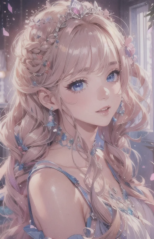 masterpiece、highest quality、High resolution、high quality images、8K, 1 female、skin luster、Texture of skin and clothing、Expression of fine eyes、Shiny bright golden hair,Girl with braids, Manga inspired by Lee Jong-suk, trending on deviantart, realism, Detailed manga style, Manga art style, Perfect Line Drawing, beautiful line drawing, digital manga art girl, K-POPアイドル, beautiful blue eyes, plump lips, Detailed gorgeous face, (cute smile), charm, innocent, Side view, (perfectly detailed face), (fine hands) photorealistic images, Depth of written boundary, Princess hairstyle, Bangs are parted , tiara , Princess Dress , race , show your shoulders , I can see the cleavage , Rose , Rose園 ,美しいRose,romanticism,