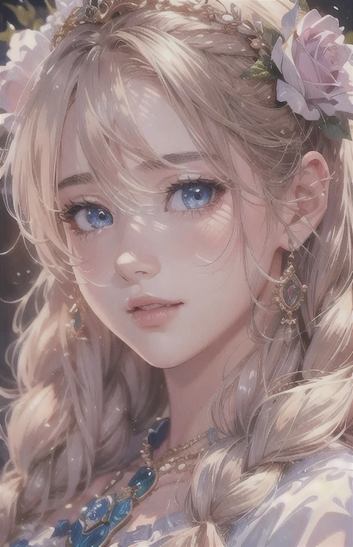 masterpiece、highest quality、High resolution、high quality images、8K, 1 female、skin luster、Texture of skin and clothing、Expression of fine eyes、Shiny bright golden hair,Girl with braids, Manga inspired by Lee Jong-suk, trending on deviantart, realism, Detailed manga style, Manga art style, Perfect Line Drawing, beautiful line drawing, digital manga art girl, K-POPアイドル, beautiful blue eyes, plump lips, Detailed gorgeous face, (cute smile), charm, innocent, Side view, (perfectly detailed face), (fine hands) photorealistic images, Depth of written boundary, Princess hairstyle, Bangs are parted , tiara , Princess Dress , race , show your shoulders , I can see the cleavage , Rose , Rose園 ,美しいRose,romanticism,