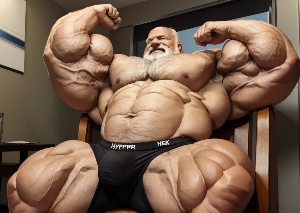 Wide medium shots, ground level camera shot, ,((hyper muscular)) old man sitting in chair, black underpants , hyper muscle, hyper pectoral, hyper bicep, hyper arms, bulge, white and short hair, super thick arms, super big pectoral, super wide pectoral, topless, shirtless.