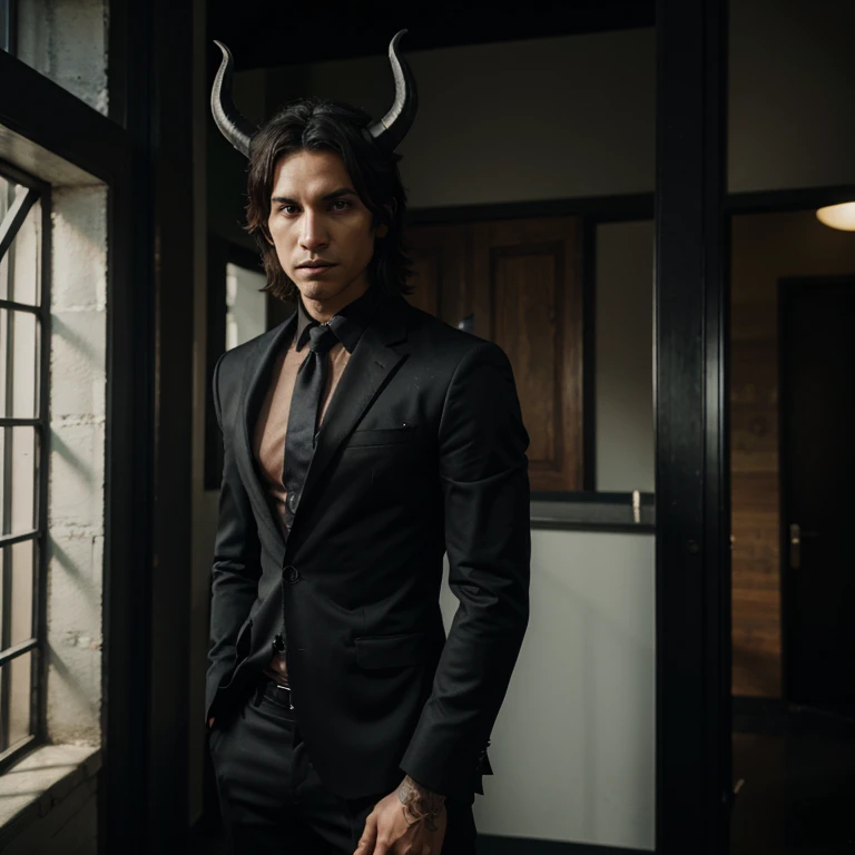 Young male incubus is a black suit looking intimating and strong  with large black horns 