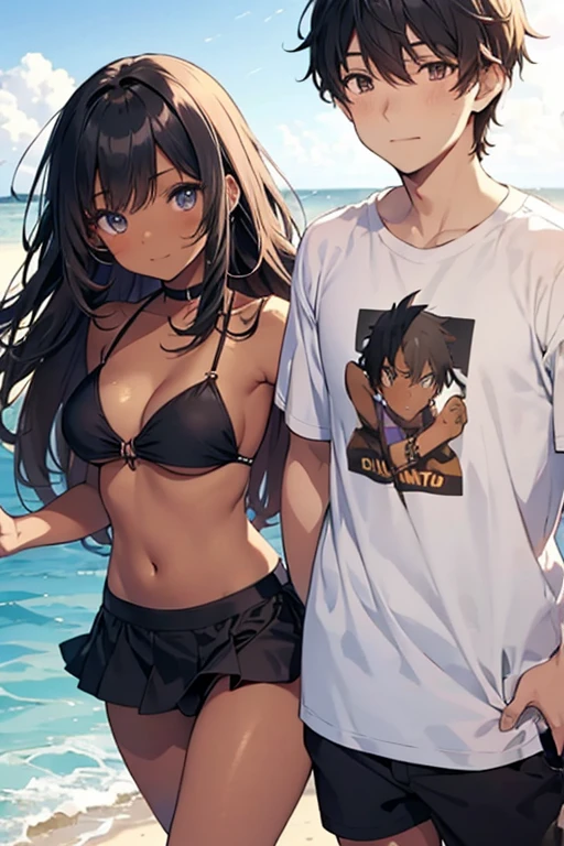 anime style depiction of a dark tan skinned girl clad in a bikini top and skirt, snuggled closely with a white handsome boy wearing a t-shirt
