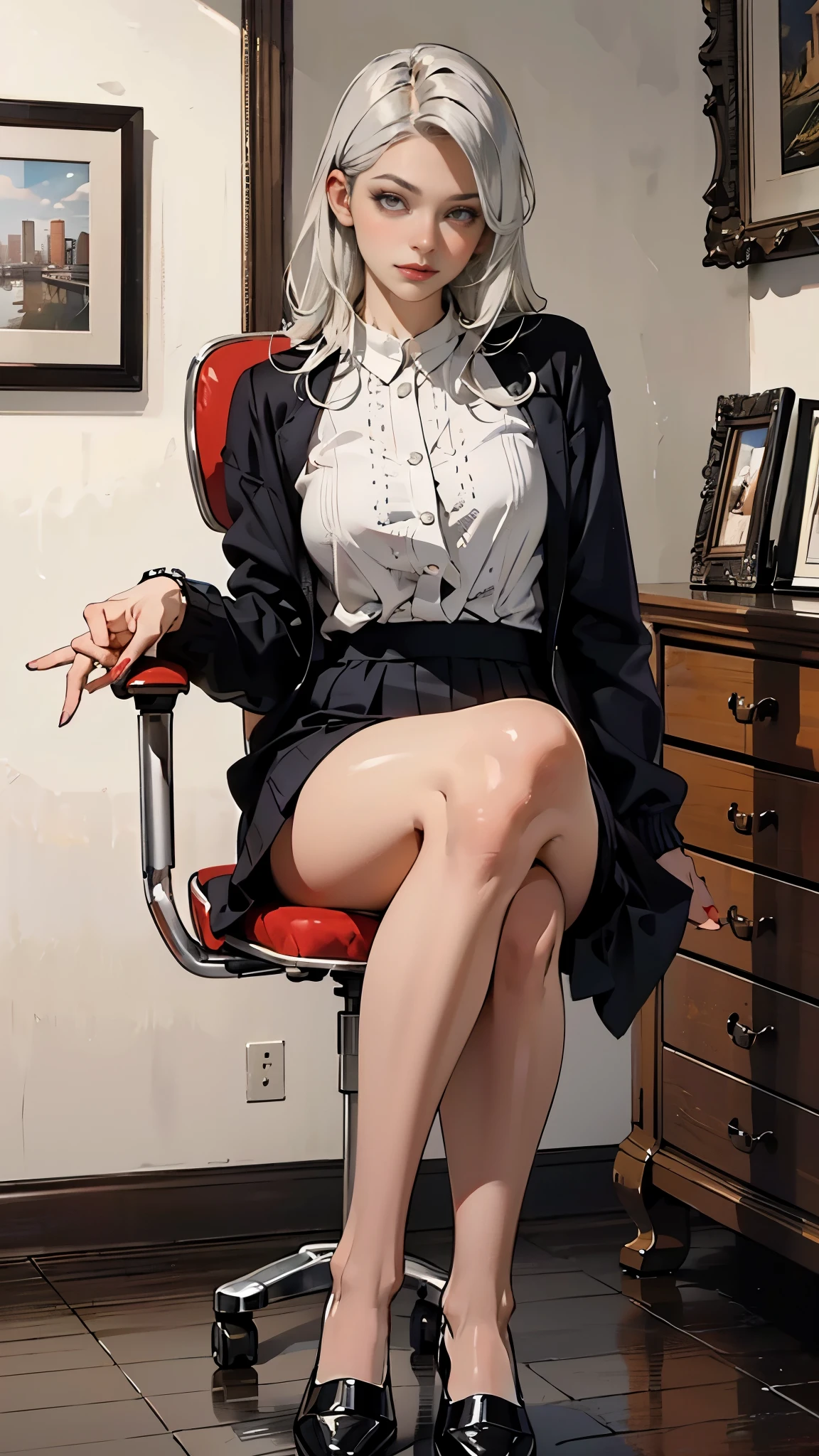 (best quality,4k,8k,highres,masterpiece:1.2), ultra-detailed,(realistic,photorealistic,photo-realistic:1.37), female secretary, provocative dress, perfect round and perky 700cc enhanced breasts, attentive gaze, friendly smile, well-organized office, modern interior design, neat hairstyle, well-manicured nails, professional footwear, minimal makeup, essential accessories, efficient posture, soft indoor lighting, cityscape view, calm aura, muted color palette, functional architecture, keen focus on details, professional environment, diligent worker, understated elegance, supportive presence, efficient workspace, ergonomic chair, practical artwork on the wall, sensible fashion sense, meticulously arranged paperwork, steel and glass furniture, reflection on glossy surfaces, gleaming silver accents, subtle shadow play, graceful movements, confidently assisting, aura of reliability, resourceful woman, limitless potential, reassuring confidence, inspiring diligence, daily accomplishment, unyielding dedication, practical lifestyle, administrative skills, exceptional foresight, ((intricate detail)), super finely detailed hands, ultra finely detailed fingers(((ten fingers))), (sitting comfortably), (full body showcase), (show full body), (no logos on background), (no logo), ((plain background)), ((plain background)), (((empty background))).