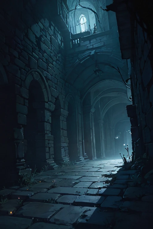 old secret passage in the castle dimly lit by magical wisps, cobwebs