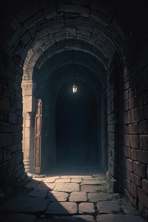 old secret passage in the castle dimly lit by magical wisps, cobwebs