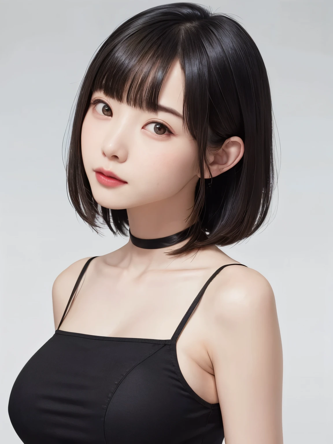 ((masterpiece、1 beautiful girl、detailed eye、前髪のあるshort hair、long neck、Please show your ears))、Big eyes、Clear double eyelids、((highest quality, 超High resolution、stare at the camera)), (reality: 1.4), original photo, 1 girl,cinematic lighting、Japanese、asian beauty、Korean、Super beautiful、beautiful skin、(((very big breasts、Slender、body facing forward)))、(surreal)、(High resolution)、(8K quality)、(very detailed)、(best illustrations)、(beautiful detailed eyes)、(Super detailed)、detailed face、view audience、look straight ahead、neat and clean clothes、No sleeve、short hair、I have black、46 point diagonal bangs、The background is just a pure white background、A neat atmosphere、