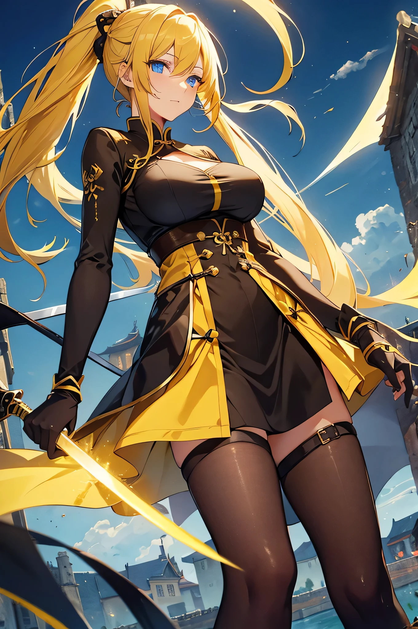 4k,High resolution,one woman,yellow hair,long ponytail,blue eyes,big breasts,swordsman,Yellow Chinese Dress,Black tights,Long sword,medieval town