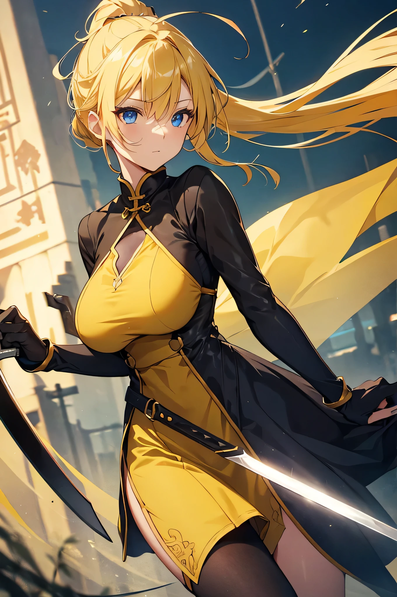 4k,High resolution,one woman,yellow hair,long ponytail,blue eyes,big breasts,swordsman,Yellow Chinese Dress,Black tights,Long sword,medieval town