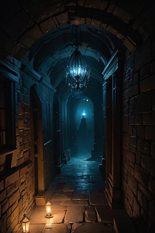 old secret passage in the castle dimly lit by magical wisps, cobwebs