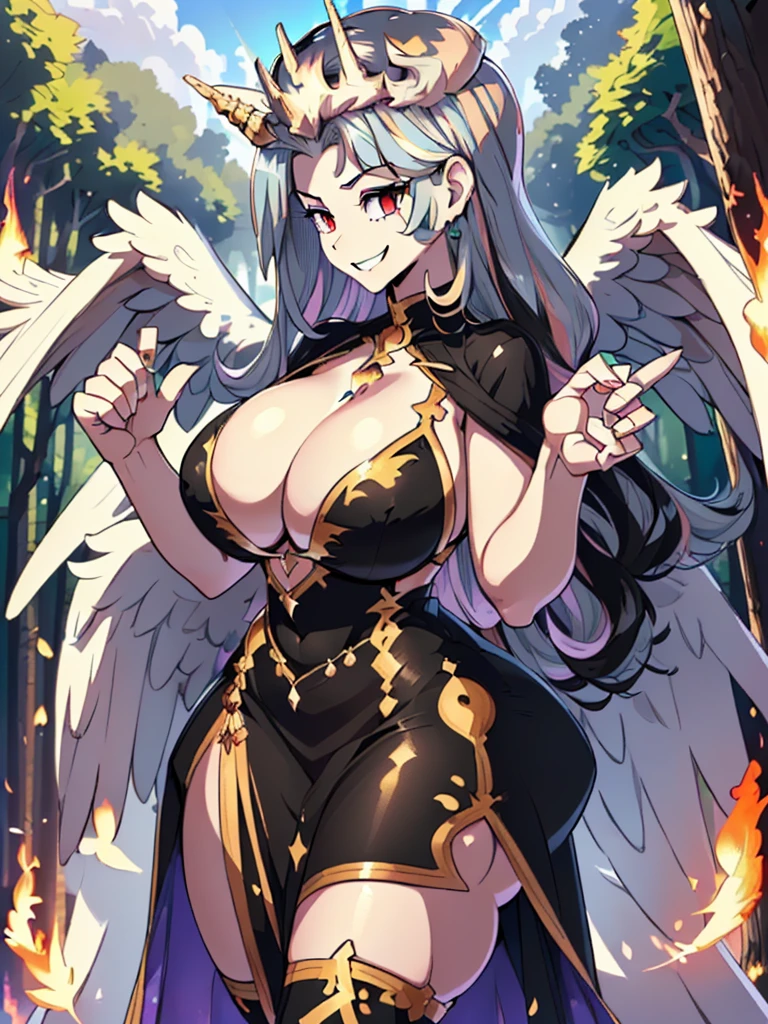 gran calidad ++ Extremely detailed high resolusionolution, very aesthetic, ojos expresivos, (((Cara perfecta))), (((face symmetrical))), ((((good anatomy)))), (((((perfect hands)))))), (((8k))), UHD, Fondo de pantalla HD, (((alta calidra detallada, (((((1girl)))))), solamente, Obra maestra, La mejor calidad, high resolusion, Altamente detallado, (illustration), hermosos ojos detallados, (((combatant))), (((1girl))), ((((cuerpo completo)))), (((((princess celestia)))), (Multicolored Hair), ((((((black hair)))))), ((((forma humana)))), (((((smile))))), ((princesa celestia humanizada)), Celestia, Celestia de My Little Poni, celestia en forma de milf, Cabello largo y ondulado, ((((evil smile))), ((((Multicolored Hair)))), ((((((fgo sprite)))))), (((red eyes))), ((((((black dress)))))), (((purple heart promise))), (((white dress))), (((milfication))), (((mature female))), (((gigantic breasts))), (((white pony ears))), (((Dedos detallados))), (((white wings on the back))), (((cuerno de unicornio))), (((Dedos precisos))), Manos no antinaturales, strange eye, columnas griegas, exterior, hermoso bosque majestuoso, hojas de parra rodeando las columnas, (((arbustos de flores quemadas por todas partes))), (((cielo naranja))), (((bright super sunny day))), (((forest))), (((bosque de fuego))), (((mirada cara a cara))), (((fire magic in surrounded his hand))), (((melee pose))),