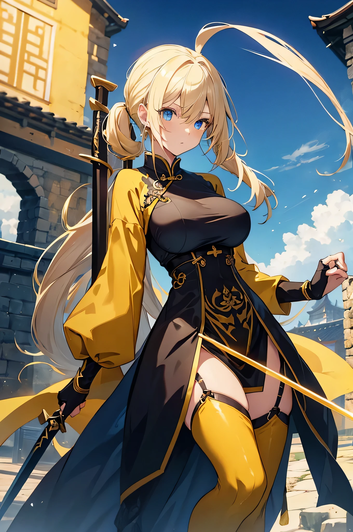 4k,High resolution,one woman,yellow hair,long ponytail,blue eyes,big breasts,swordsman,Yellow Chinese Dress,Black tights,Long sword,medieval town