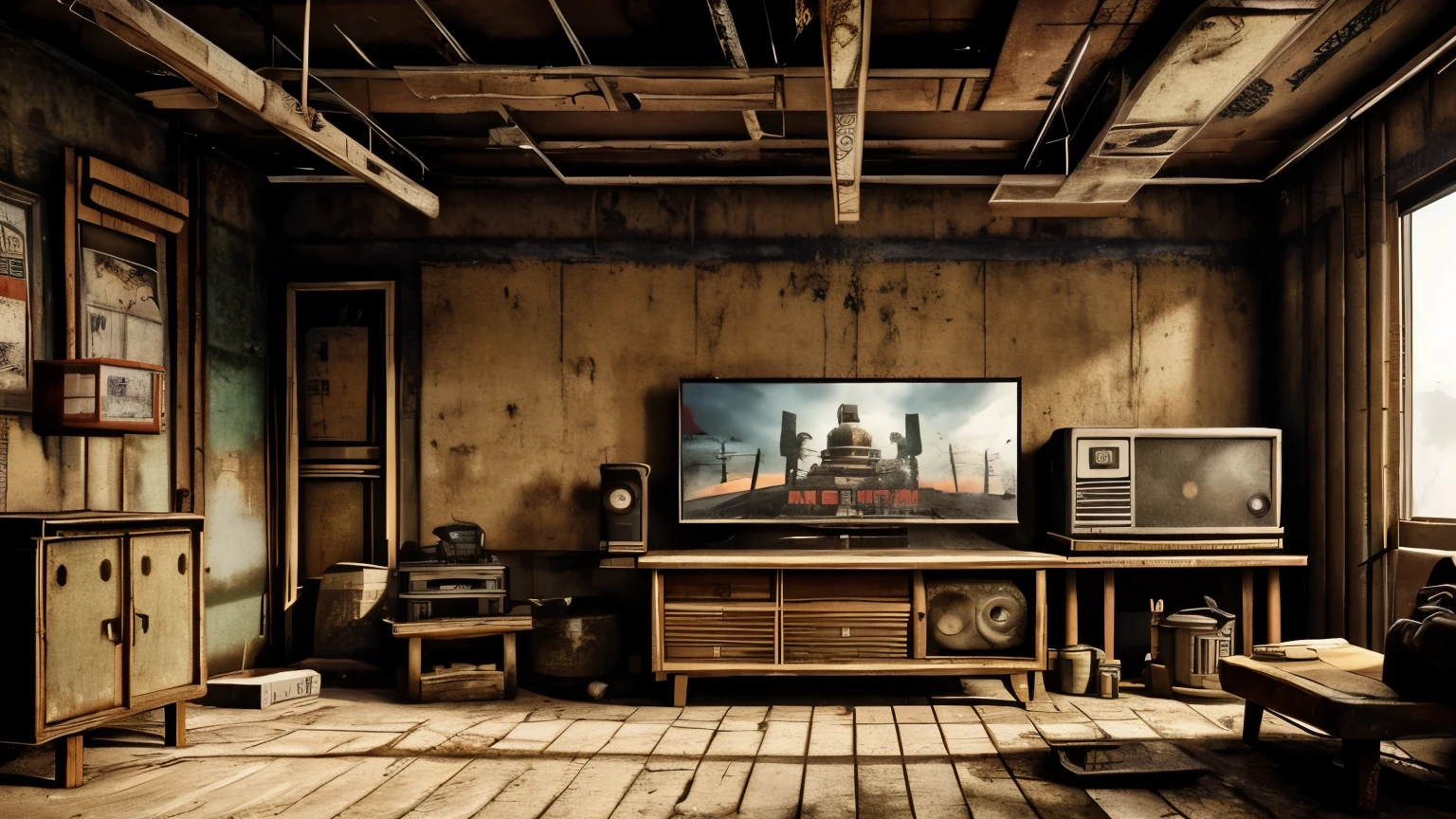 fallout, indonesia theme, post-apocalyptic, jakarta, nation, identic, vernacular, authentic, realistic, indonesia, fallout 4 style, fallout amazon prime tv series, authentic, dystopian, city urban, interior, old, vintage, radio studio with vintage poster