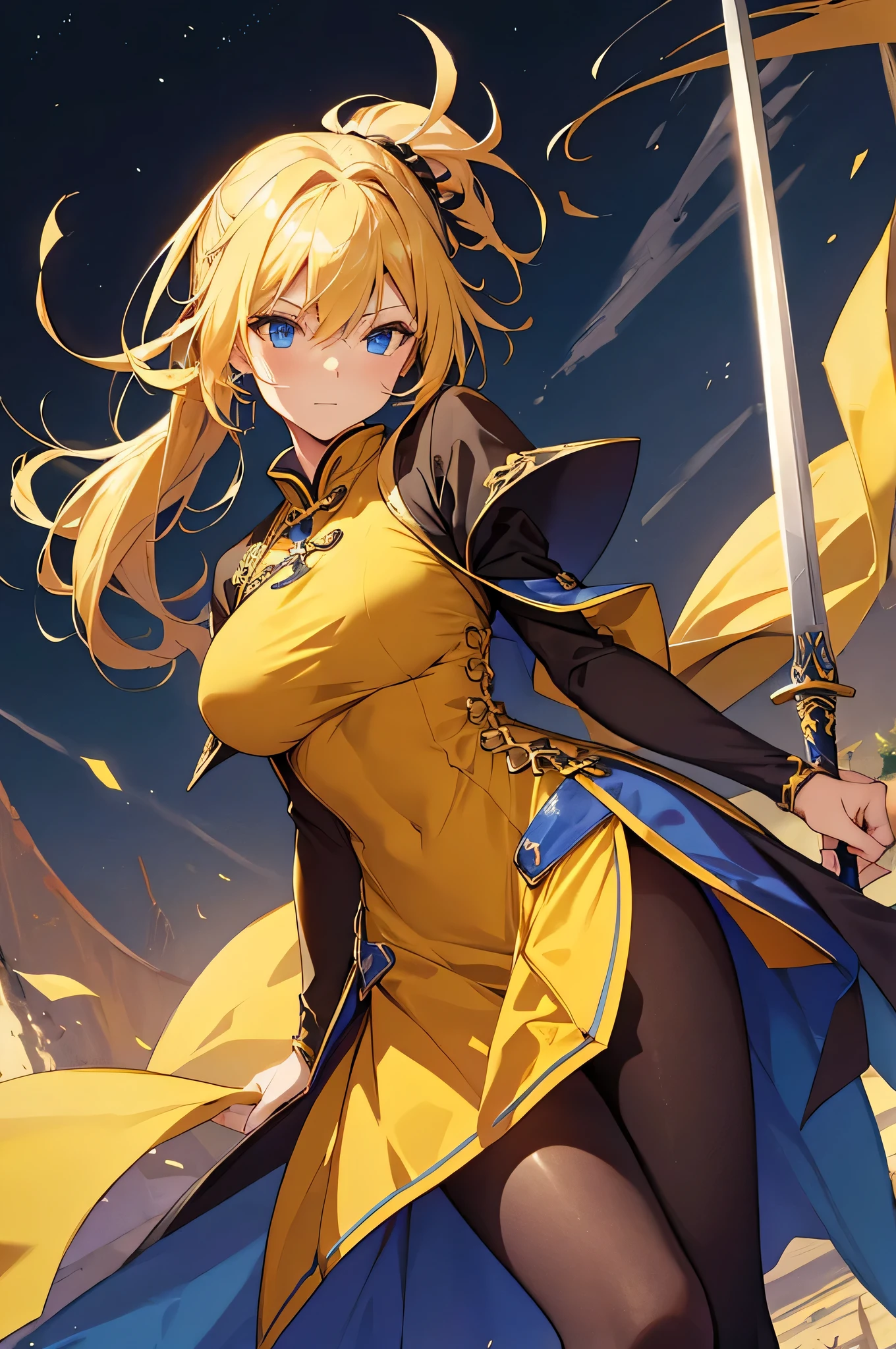 4k,High resolution,one woman,yellow hair,long ponytail,blue eyes,big breasts,swordsman,Yellow Chinese Dress,Black tights,Long sword,medieval town