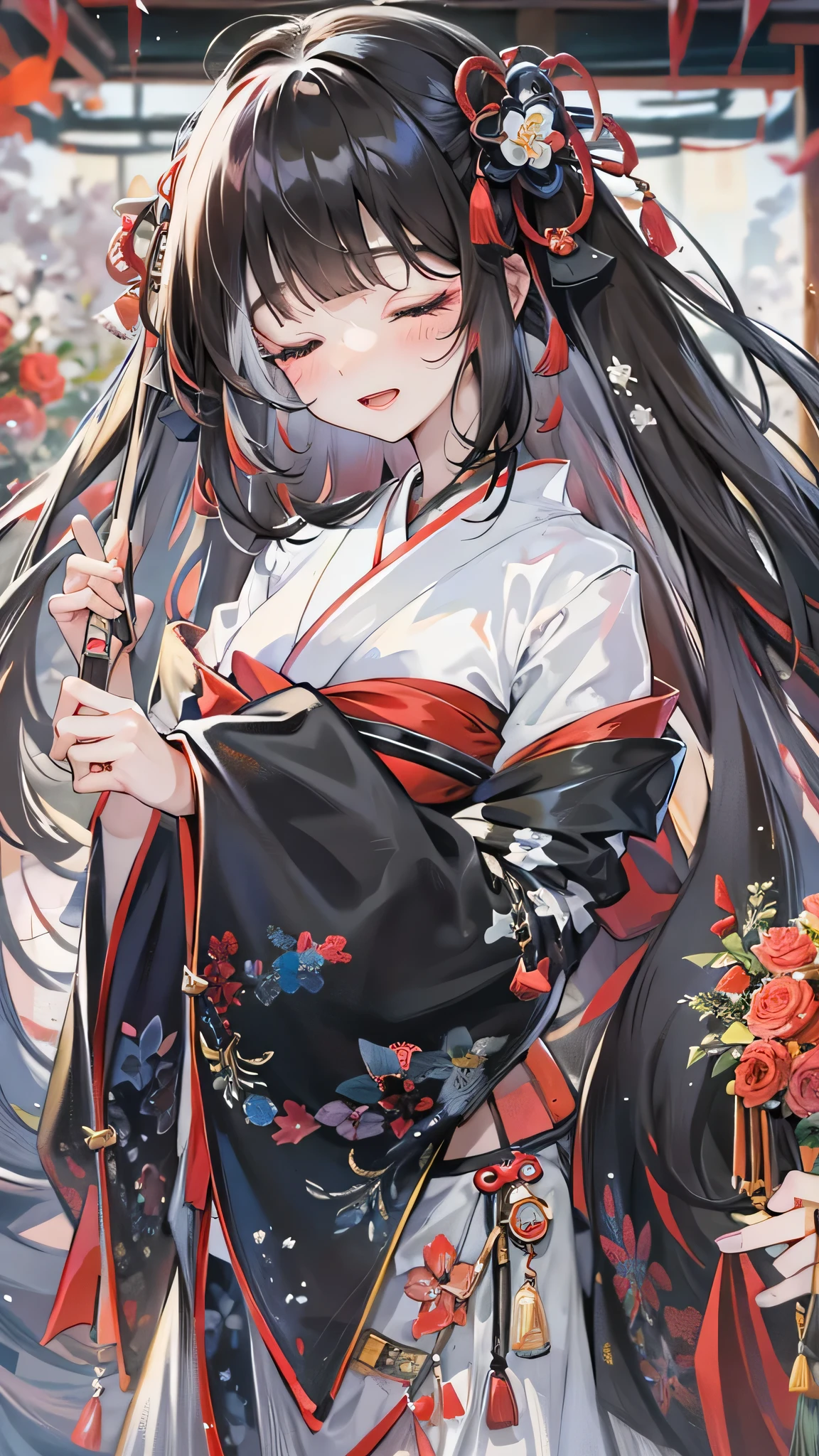 perfect anatomy, masterpiece:1.4, best quality, 8k, solo ((blunt bangs)) (black hair long hair lovely girl, 15 yo, sexy closed eyes, blushing face, best smile, open mouth), ((make-up)), break, (in a detailed:1.1 Shrine maiden costume), in the night Dazaifu.
