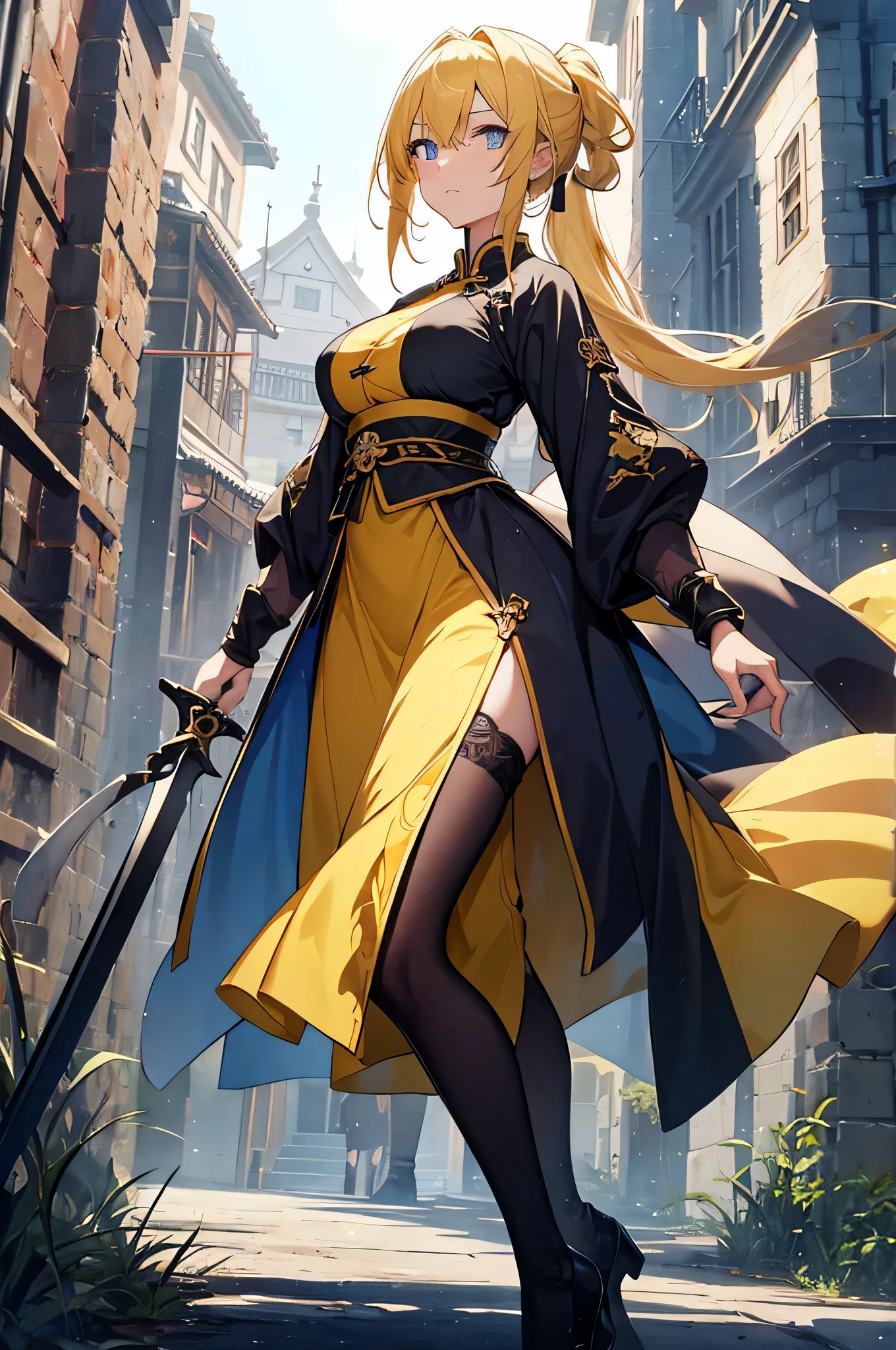 4k,High resolution,one woman,yellow hair,long ponytail,blue eyes,big breasts,swordsman,Yellow Chinese Dress,Black tights,Long sword,medieval town