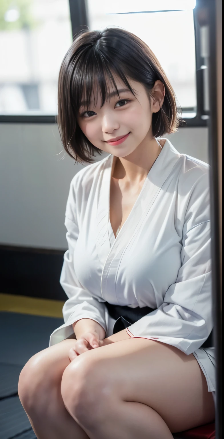 (8k、Raw photography、highest quality、masterpiece:1.2),(black haired、very short hair:1.3),show viewer,Looking at the front,erotic,white skin,(wearing a karate white kimono:1.5)、(dojo)、(Clothing that emphasizes the shape of your chest、exposing skin:1.4)、(big breasts :1.3)、plump body shape、ultra high resolution,beautiful,beautiful fece,(alone, alone、no background:1.2),whole body, huge breasts, japanese woman,(Photoreal:1.37)、photon mapping,reality、(lori face and cute: 1.4)、(cute smile: 1.4)、radio city、Physically based rendering、depth of field rally background、photograph, (I can see your knees,close up of thighs:1.4),whole body、super fine
