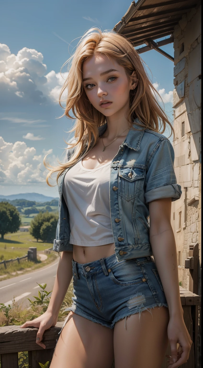 jolie fille de 18 ans, cheveux long et roux, taille de guêpe, corps parfait, photo de tout le corps, mini Short en jean, open ripped denim jacket with short sleeves, poitrine voyante blanc, Post-apocalyptic background in the countryside, aucun autre humain, Upward angular front camera