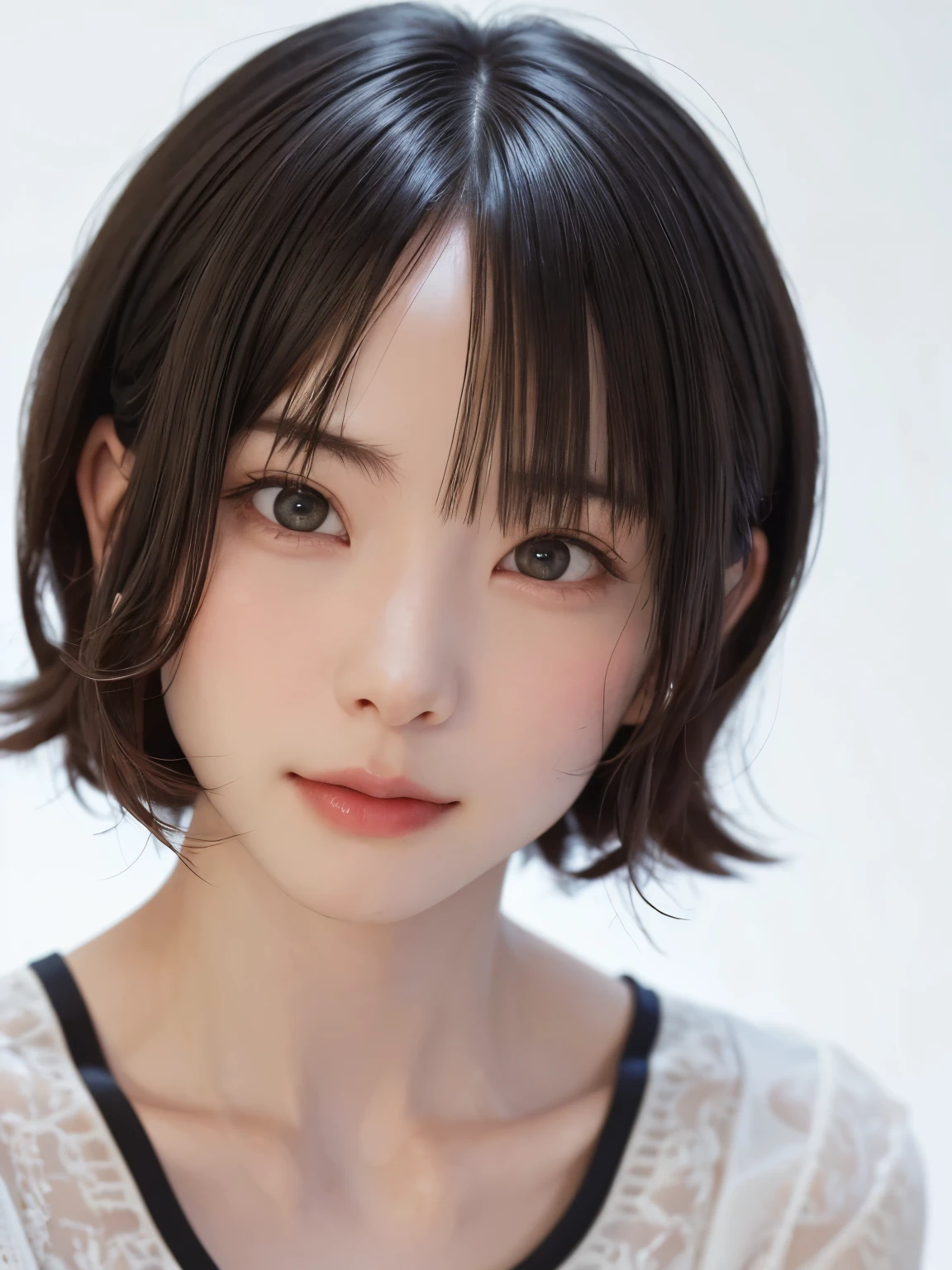 ((masterpiece、1 beautiful girl、detailed eye、前髪のあるshort hair、long neck、Please show your ears))、Big eyes、Clear double eyelids、((highest quality, 超High resolution、stare at the camera)), (reality: 1.4), original photo, 1 girl,cinematic lighting、Japanese、asian beauty、Korean、Super beautiful、beautiful skin、(((very big breasts、Slender、body facing forward)))、(surreal)、(High resolution)、(8K quality)、(very detailed)、(best illustrations)、(beautiful detailed eyes)、(Super detailed)、detailed face、view audience、look straight ahead、neat and clean clothes、No sleeve、short hair、I have black、46 point diagonal bangs、The background is just a pure white background、A neat atmosphere、