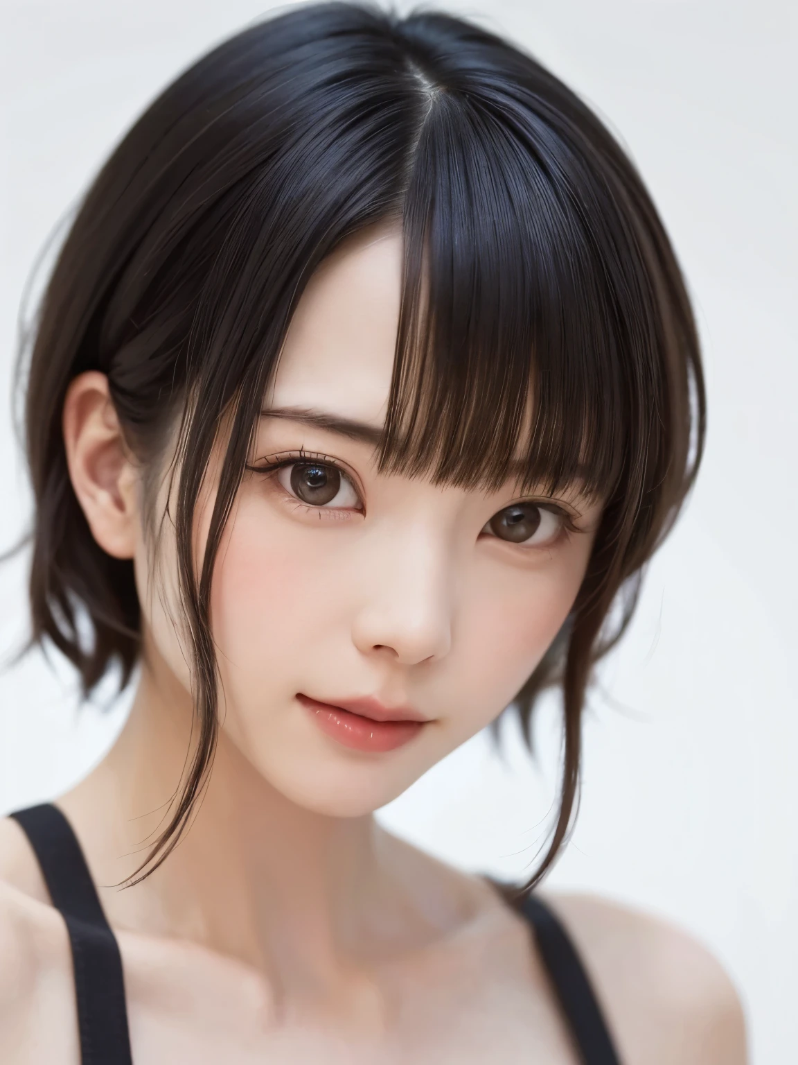 ((masterpiece、Highest quality、Ultra-high resolution、Gentle light))、(Like the picture:1.4)、((1 personの少女、solo、Beautiful white skin:1.4、On my knees、From above、Look up at the audience、Face close-up、2、Clear, beautiful eyes、Spotless、cute little、Black-haired、Beaver_cut、清潔なshort hair、190cm Supermodel、Big Breasts:1.6))(Bikini Swimwear:1.3、A simple two-tone blue and white swimsuit、Shiny shiny swimsuit、Shiny swimsuit with reflective surface、Soaking wet:1.2)、(Portraits of famous actresses of Japan、Listen carefully、Long neck)、(Laughter、happiness、joy、Hilarious、Close your mouth)、(Hold your chest between your arms、Bring your chest closer)、Eye for detail、A truly pure white background、Long neck、Bans、Eyelashes、Big eyes、Golden ratio face、The body of the golden ratio、(8k、RAW Photos、Highest quality、Masseter muscle area:1.2)、Ultra-detailed、Ultra-high resolution、(Realistic、Realistic photos:1.37)、Portrait、High-resolution RAW color photos、Professional photography、hVery detailed and beautiful、Very detailed、8k画像壁紙、Incredibly detailed、Large file size、Official Art、HVery detailed CG Unity 8k wallpapers、hVery detailed beautiful girl、Very detailed顔、Very detailed目、Very detailed皮膚、Very detailed指、hVery detailed nose、Very detailed詳細な口、Perfect Anatomy、Detailed Background、Detailed clothing、1 person、(20:1.2)、20th Generation、cute、Realistic body、、White skin、Glowing Skin、The body is slim、Handsome body、Black-haired、short hair、(Blunt bangs: 1.2)、Laughter、cute、Zola々right、cute faces、A vivid face、Delicate eyes、Source Order、lingerie、See through、耳Nipple Ring、Looking into the camera、Cowboy Shot、Positive、Standing posture、Contrapo、Dynamic Lighting、{gigantic|big|huge|mega} breasts:2, cleavage:2、Super huge breasts:2 、Cowboy Shot