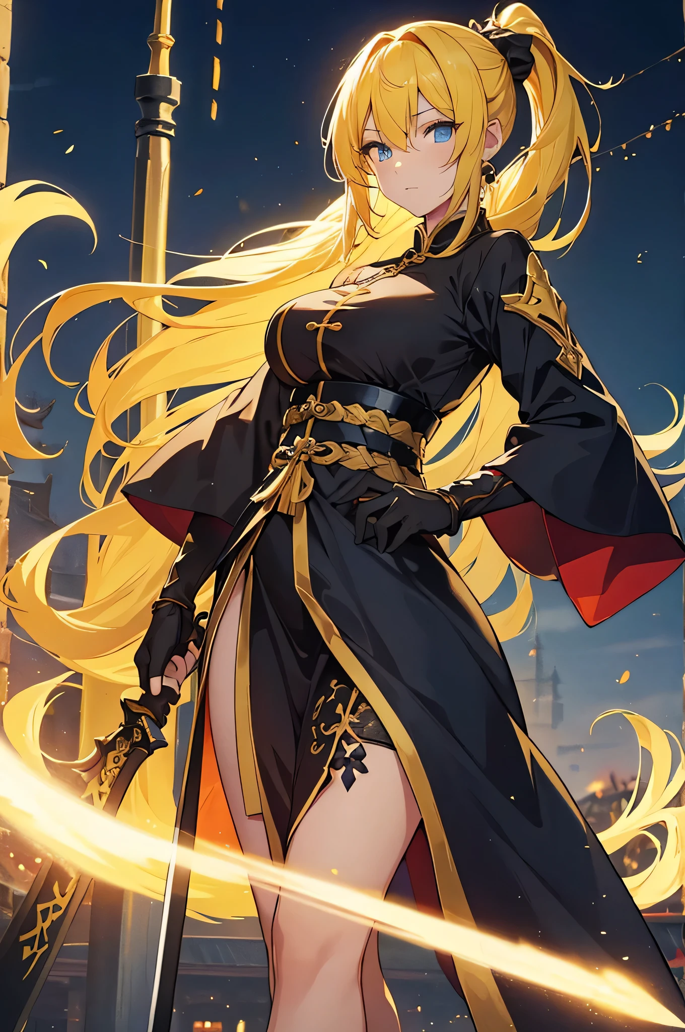 4k,High resolution,one woman,yellow hair,long ponytail,blue eyes,big breasts,swordsman,Yellow Chinese Dress,Black tights,Long sword,medieval town