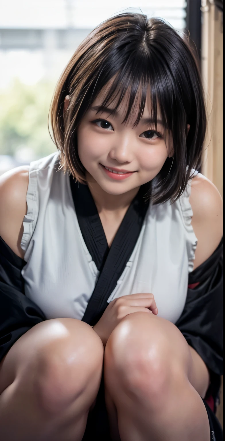 (8k、Raw photography、highest quality、masterpiece:1.2),(black haired、very short hair:1.3),show viewer,Looking at the front,erotic,white skin,(wearing a karate kimono:1.5)、(dojo)、(Clothing that emphasizes the shape of your chest、exposing skin:1.4)、(big breasts :1.3)、plump body shape、ultra high resolution,beautiful,beautiful fece,(alone, alone、no background:1.2),whole body, huge breasts, japanese woman,(Photoreal:1.37)、photon mapping,reality、(lori face and cute: 1.4)、(cute smile: 1.4)、radio city、Physically based rendering、depth of field rally background、photograph, (I can see your knees,close up of thighs:1.4),whole body、super fine