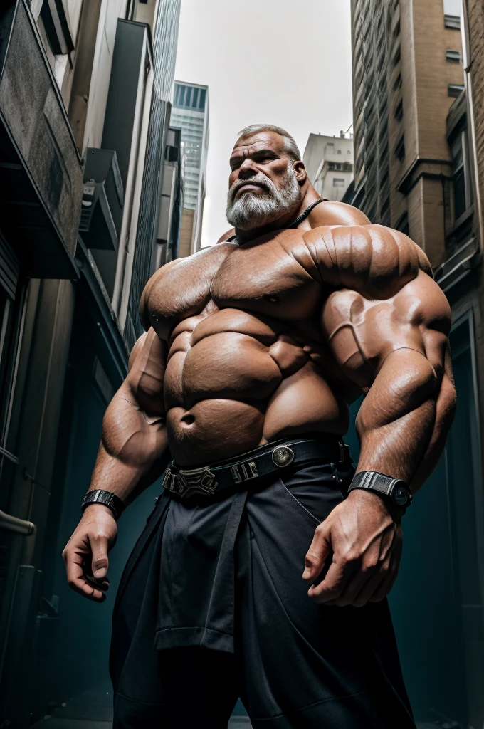 An imposing, big muscular old man stands tall amidst the towering buildings of the metropolis, commanding the scene with his formidable presence, portrait, photography