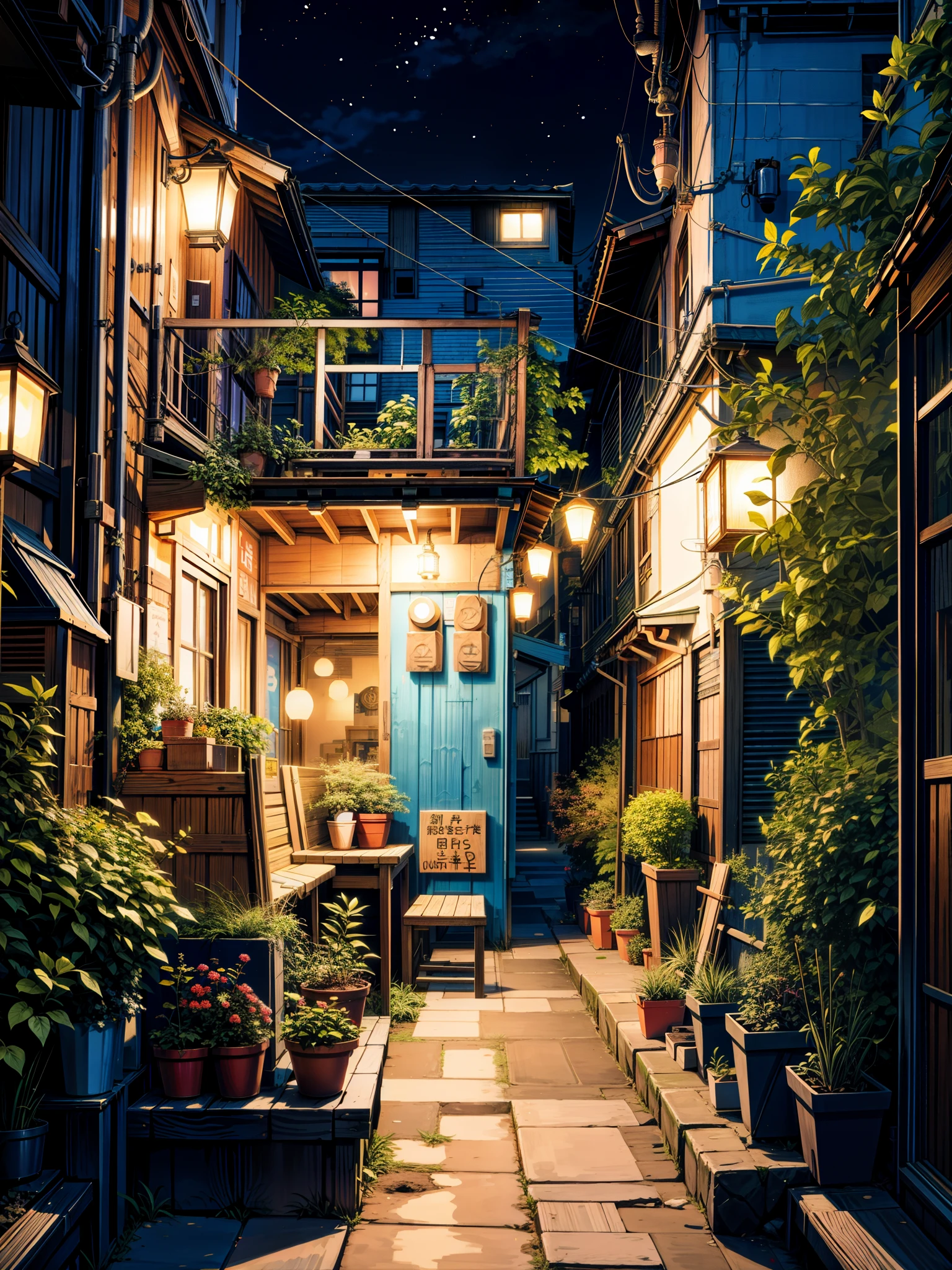 ,a painting of a street at night with a bench, studio ghibli environment, pleasant cozy atmosphere, cozy atmosphere, anime scenery, nightime village background, back alley, quiet tokyo alley at night, by Edward Okuń, dream-like atmosphere, dream - like atmosphere, spanish ghibli alleyway, makoto shinkai and (cain kuga), detailed anime art, 4k hd,, beautiful art uhd 4 k, a beautiful artwork illustration, beautiful digital painting, highly detailed digital painting, beautiful digital artwork, detailed painting 4 k, very detailed digital painting, rich picturesque colors, gorgeous digital painting