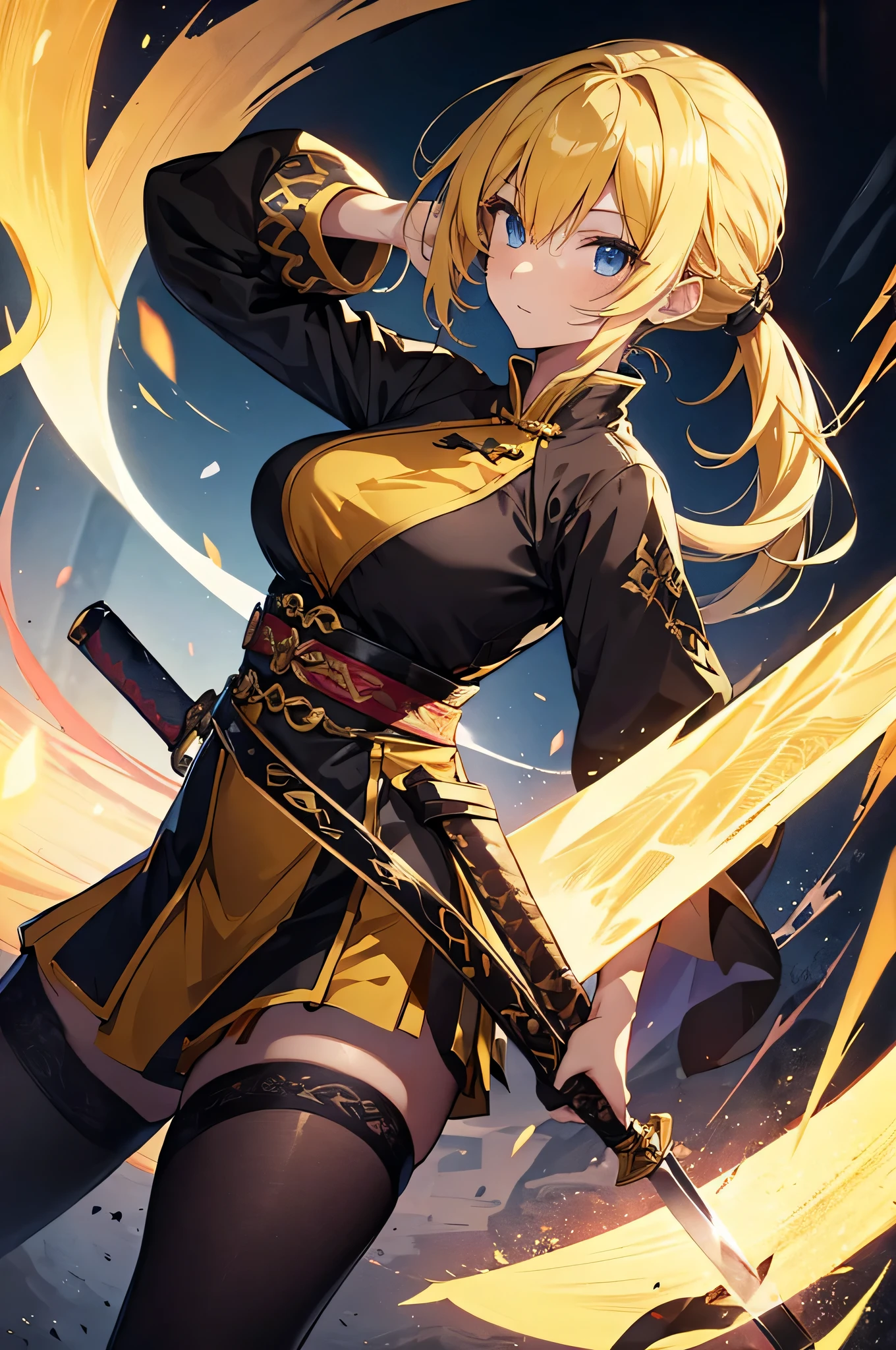 4k,High resolution,one woman,yellow hair,long ponytail,blue eyes,big breasts,swordsman,Yellow Chinese Dress,Black tights,Long sword,medieval town