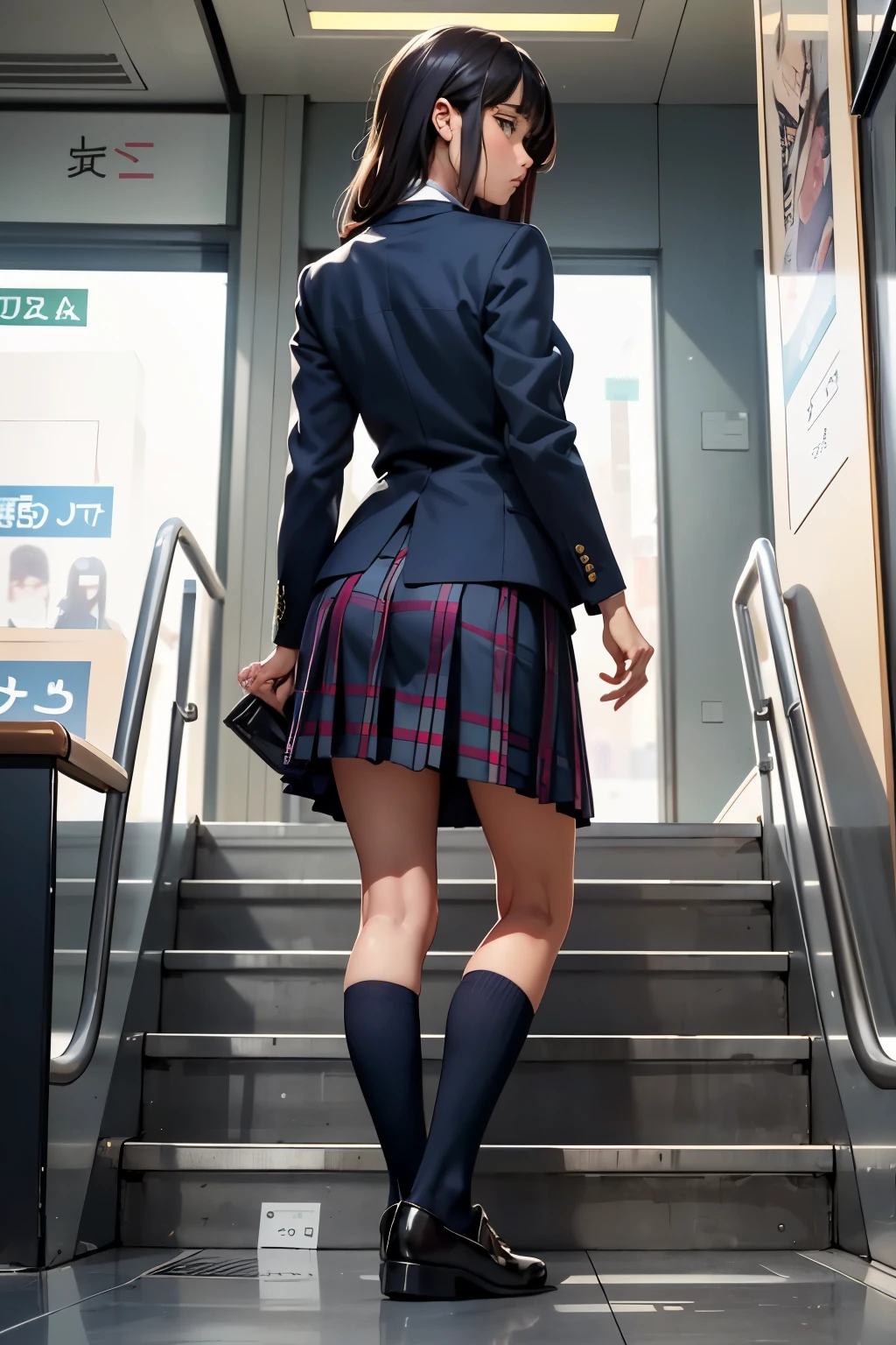 ((highest quality)), ((masterpiece)), (be familiar with), shopping mall escalatorに乗る女子高生、navy blazer、(Checked long skirt)、navy blue socks、back view、covert photography、(Backward low angle)、navy blue socksのクローズアップ、mangaコマ割り、cartoon style、manga、shopping mall escalator、Everybody line up on the left、顔のみのコマとback viewのコマ