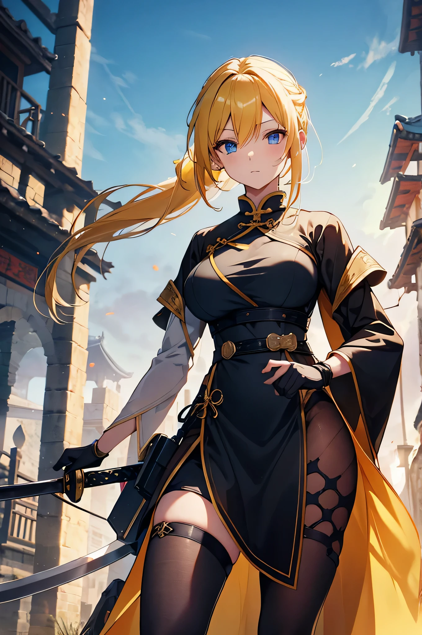 4k,High resolution,one woman,yellow hair,long ponytail,blue eyes,big breasts,swordsman,Yellow Chinese Dress,Black tights,Long sword,medieval town