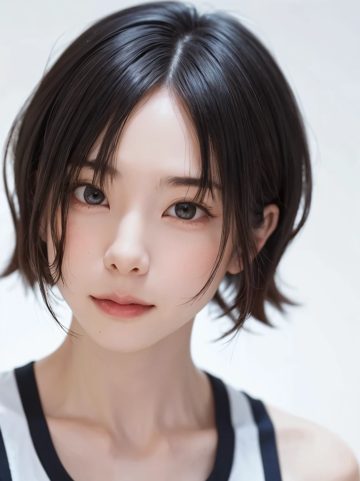 ((masterpiece、1 beautiful girl、detailed eye、前髪のあるshort hair、long neck、Please show your ears))、Big eyes、Clear double eyelids、((highest quality, 超High resolution、stare at the camera)), (reality: 1.4), original photo, 1 girl,cinematic lighting、Japanese、asian beauty、Korean、Super beautiful、beautiful skin、(((very big breasts、Slender、body facing forward)))、(surreal)、(High resolution)、(8K quality)、(very detailed)、(best illustrations)、(beautiful detailed eyes)、(Super detailed)、detailed face、view audience、look straight ahead、neat and clean clothes、No sleeve、short hair、I have black、46 point diagonal bangs、The background is just a pure white background、A neat atmosphere、