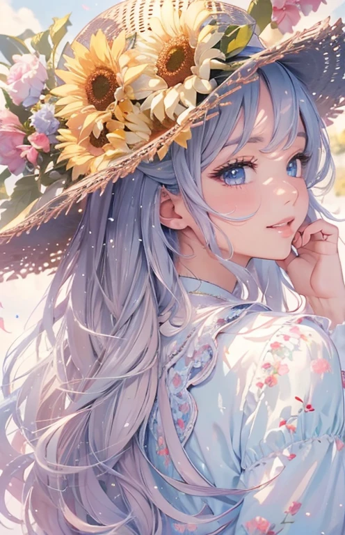 masterpiece、highest quality、High resolution、high quality images、8K, 1 female、skin luster、Texture of skin and clothing、Expression of fine eyes、Glowing silver hair,long hair girl, Manga inspired by Lee Jong-suk, trending on deviantart, realism, Detailed manga style, Manga art style, Perfect Line Drawing, beautiful line drawing, digital manga art girl, K-POPアイドル, dress, beautiful light blue eyes, plump lips, Detailed gorgeous face, (cute smile), charm, innocent, Side view, (perfectly detailed face), (fine hands) photorealistic images, Depth of written boundary, half up hairstyle, sunflower， straw hat,one piece,wonderful flower garden，美しいsunflower，romanticism,