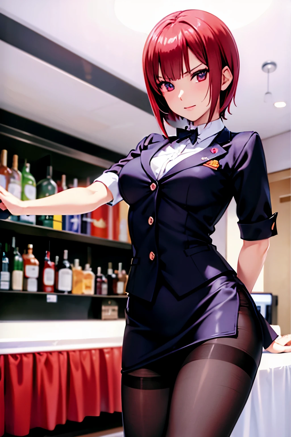 Rio, Super Blackjack、red hair、short hair、((Bartender's clothes))、((pantyhose))、mini skirt、Photo from below、medium chest、Bedroom、Rio・デ・カーニバル、