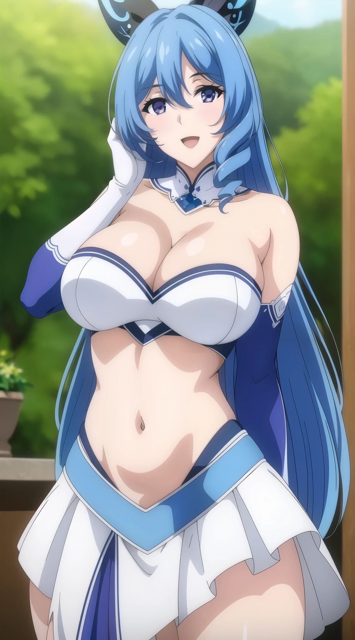 portrait,aoemai, hair ribbon, pale skin, blue hair, purple eyes, sidelocks, drill sidelock, hair between eyes, looking at viewer, :d, 1girl, breasts, solo, long hair, blue hair, navel, elbow gloves, looking at viewer, purple eyes, gloves, midriff, bare shoulders, white gloves, cleavage, large breasts, skirt, hair between eyes, crop top, blue eyes, dress, ,(masterpiece: 1.0), (best_quality: 1.0), ultra high resolution, 4K, ultra detailed, photography, 8K, HDR, highres, absurders:1.2, Kodak portra 400, film grain, blurred background, bokeh:1.2, l (vibrant_color:1.2) (Beautiful), (beautiful_face:1.5),(narrow_waist), anime style, sharp focus, professional artwork,trending on pixiv, detailed bold arm lines, high color saturation, bold lines, bold drawing lines), open mouth, (white skin, (fair skin),
