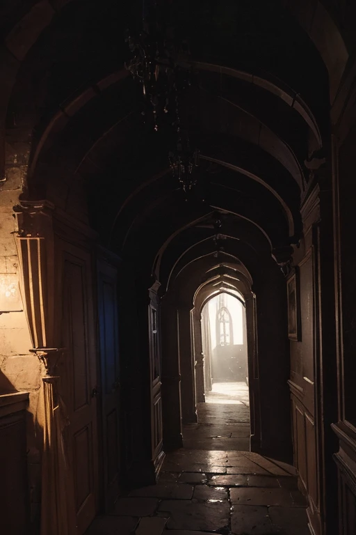 old secret passage in the castle dimly lit by magical wisps, cobwebs