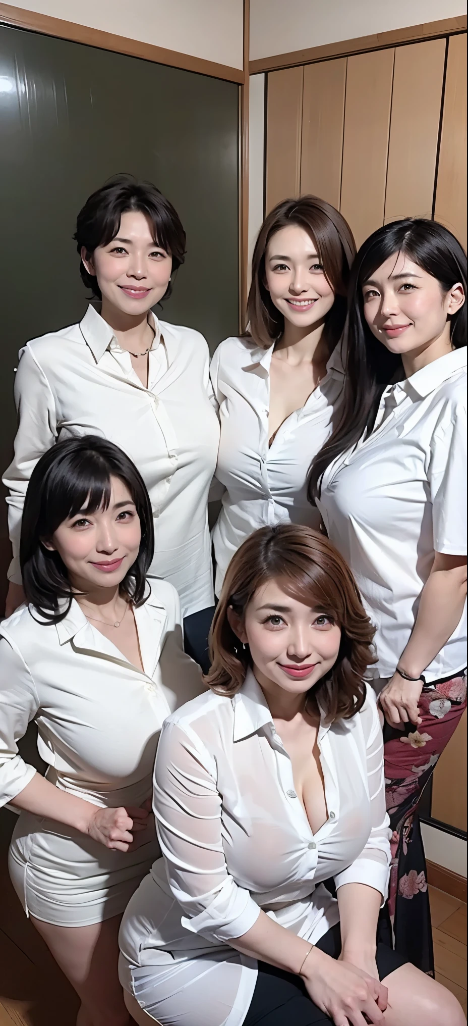 (((Japan&#39;s three most beautiful mothers take a group photo)))、Everyone has different types and hair styles, but they are beautiful.、((Everyone is obscene，The breasts are too big.))、different postures、All wearing white shirts、shirt，shirt，Deep V，Open the collar of your shirt，Full、room full of smell、((Everyone emphasizes their big breasts))、Living room、Horizontal group photo from the past