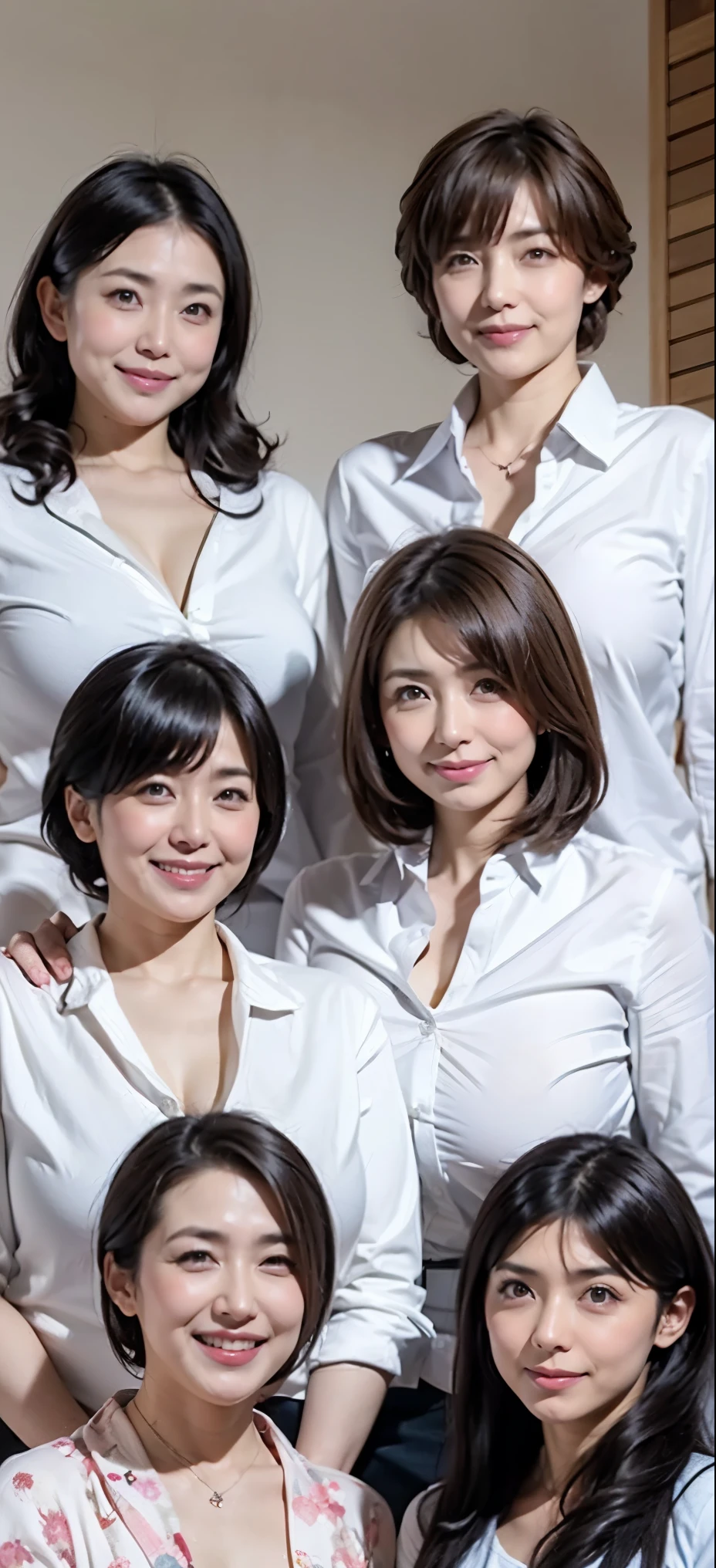 (((Japan&#39;s three most beautiful mothers take a group photo)))、Everyone has different types and hair styles, but they are beautiful.、((Everyone is obscene，The breasts are too big.))、different postures、All wearing white shirts、shirt，shirt，Deep V，Open the collar of your shirt，Full、room full of smell、((Everyone emphasizes their big breasts))、Living room、Horizontal group photo from the past