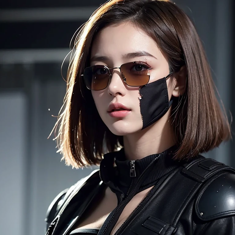 very beautiful young girl, 🧍 full height, dark blonde, short disheveled hair, torn special forces uniform, a mask 😷, dark sunglasses, dirt stains on face, post apocalypse, cyberpunk