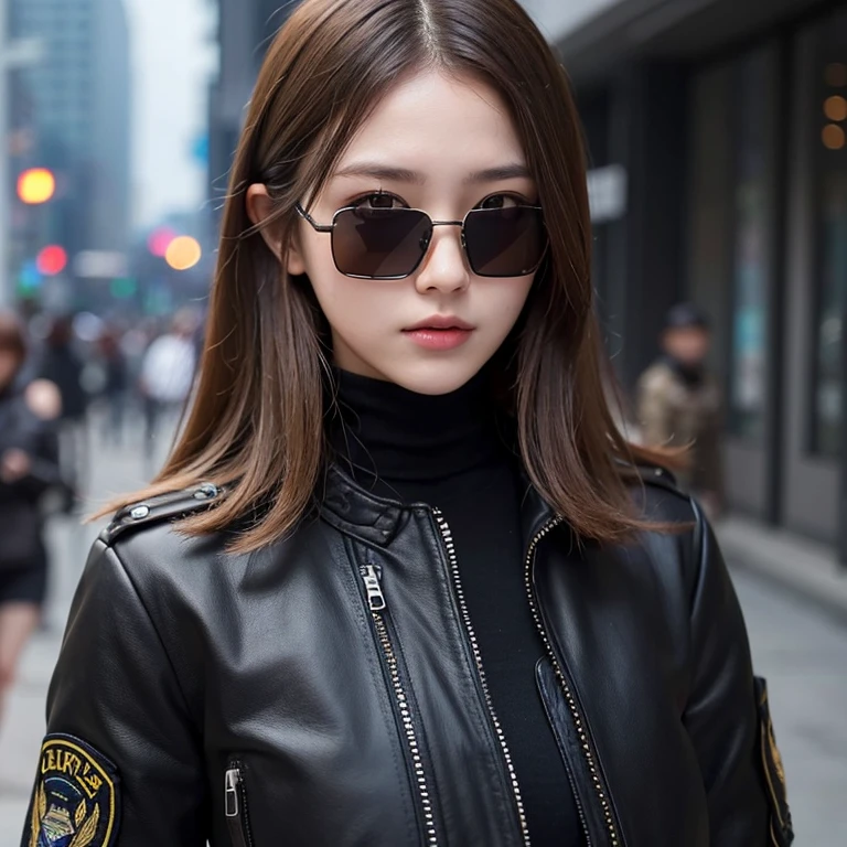 very beautiful young girl, 🧍 full height, dark blonde, short disheveled hair, torn special forces uniform, a mask 😷, dark sunglasses, dirt stains on face, post apocalypse, cyberpunk