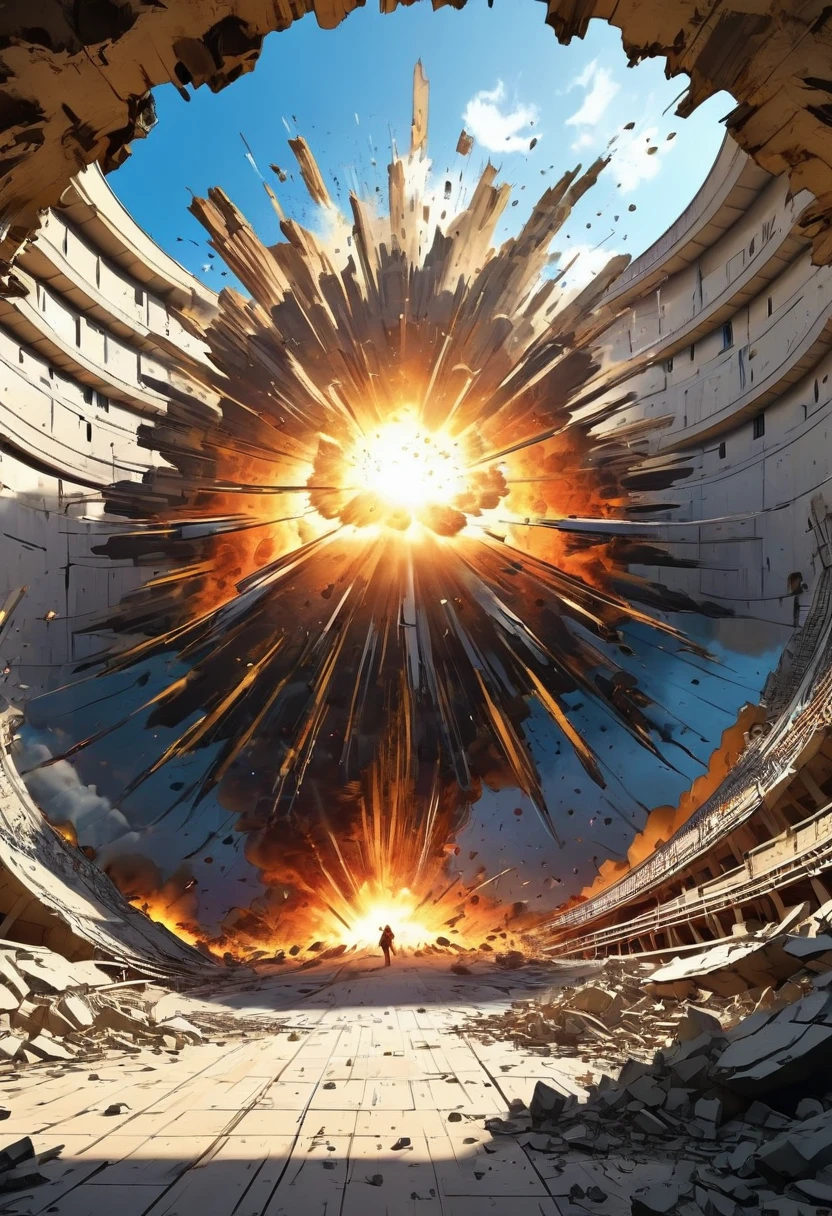 A big explosion inside the arena，A figure actually smashed the wall，Walk slowly，Follow the prestige，8K，complex，ellegance，highly  detailed，A majestic，Digital photography，surrealism painting， 