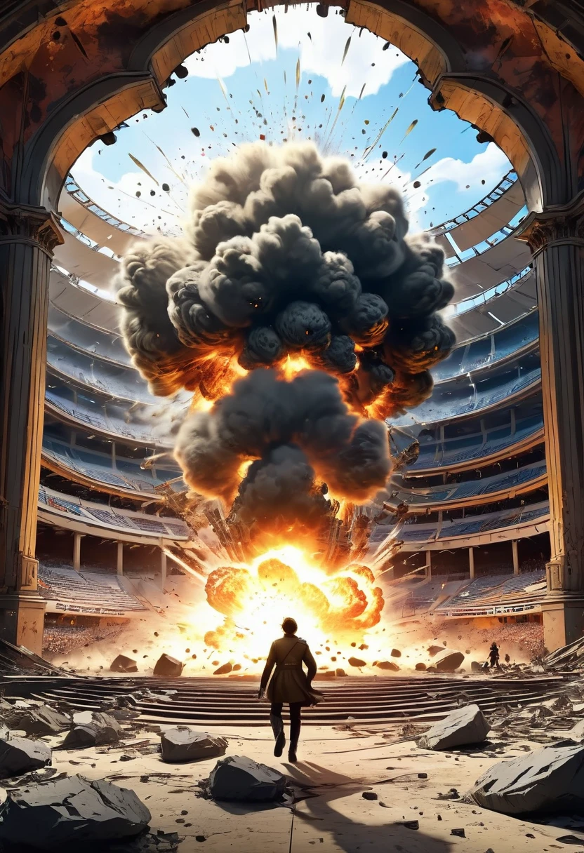 A big explosion inside the arena，A figure actually smashed the wall，Walk slowly，Follow the prestige，8K，complex，ellegance，highly  detailed，A majestic，Digital photography，surrealism painting， 